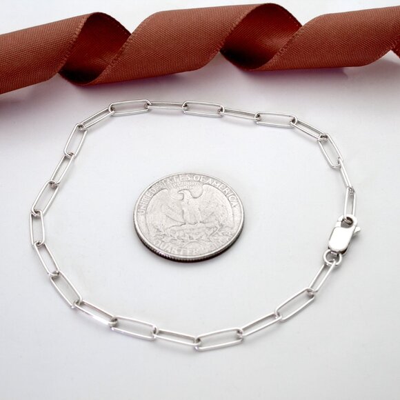Real Solid 925 Sterling Silver Paperclip Bracelet, Round Link Chain, Stamped 925 - Picture 3 of 7